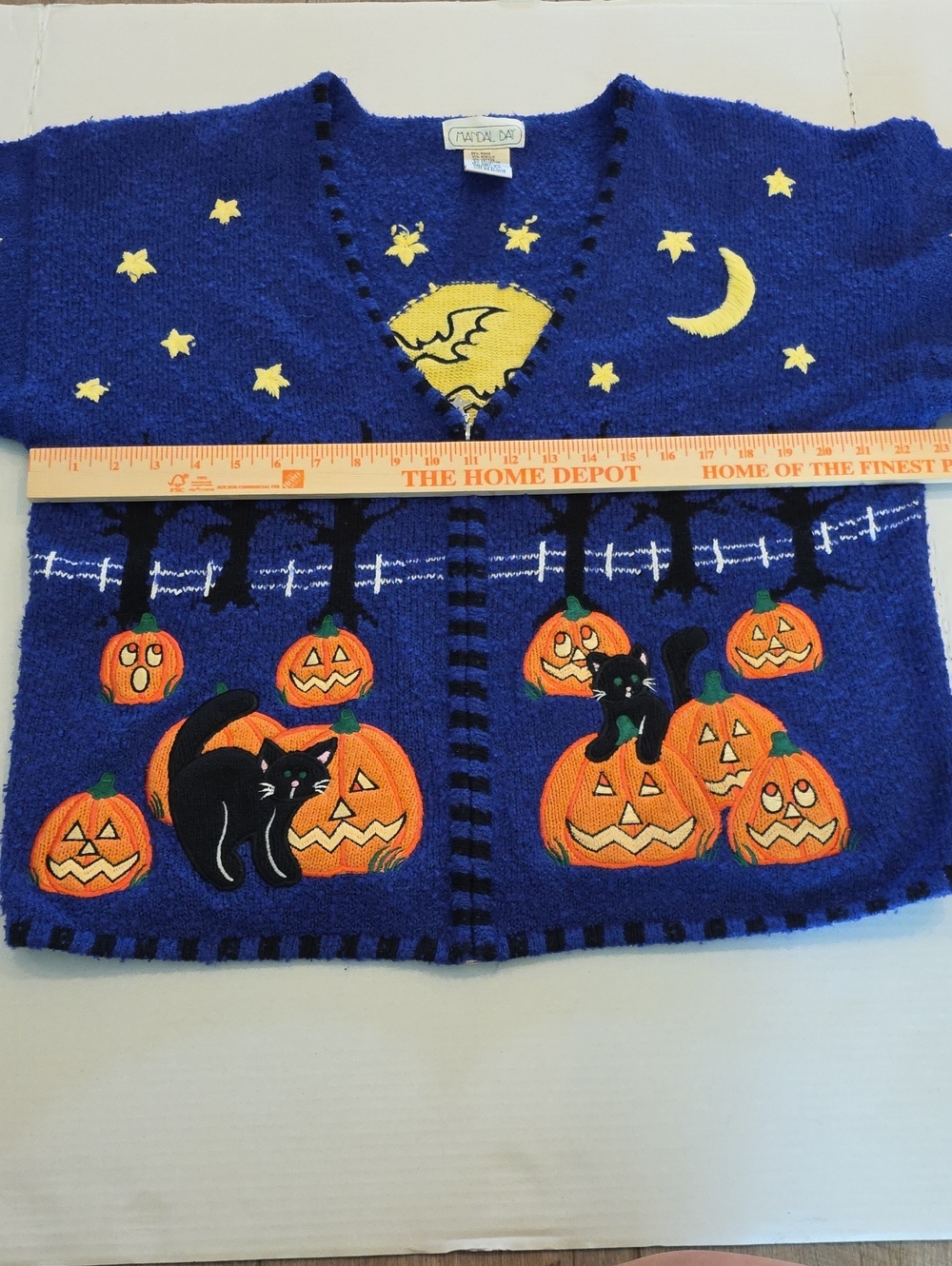 Mandal Bay Vintage 90s Halloween Zip Knit Cardigan Pumpkin Black Cat Bats XL - Picture 15 of 16